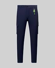 Mens Luka Cargo Pant in navy, featuring side cargo pockets, a drawstring waist, and a vibrant neon green Psycho Bunny skull logo keychain. (6)