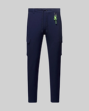 Mens Luka Cargo Pant in navy, featuring side cargo pockets, a drawstring waist, and a vibrant neon green Psycho Bunny skull logo keychain. (6)