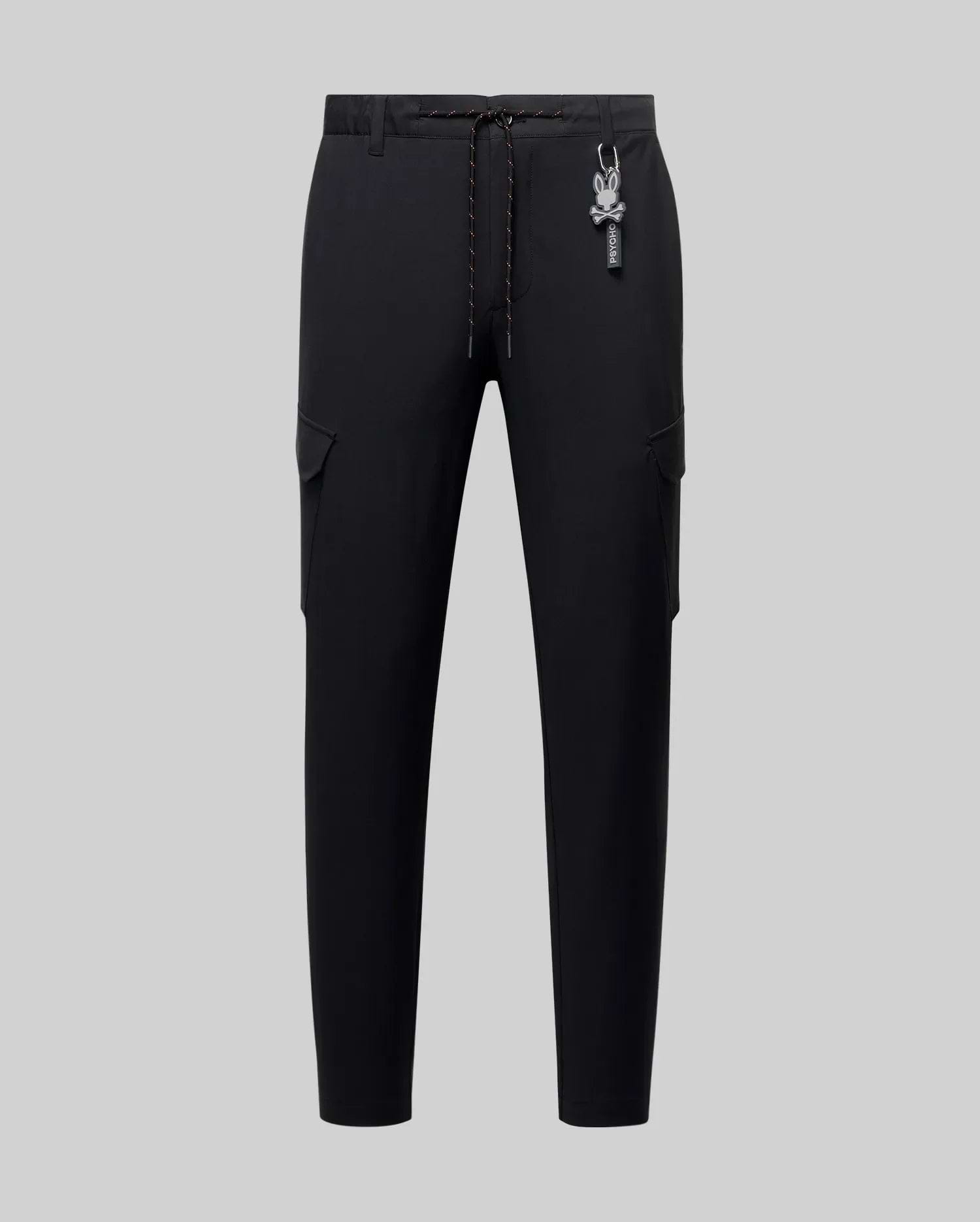 Mens Luka Cargo Pant, black, featuring a slim tapered fit, smooth fabric, side cargo pockets, an orange-flecked drawstring, and a white Psycho Bunny skull logo keychain. (5)