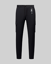 Mens Luka Cargo Pant, black, featuring a slim tapered fit, smooth fabric, side cargo pockets, an orange-flecked drawstring, and a white Psycho Bunny skull logo keychain. (5)