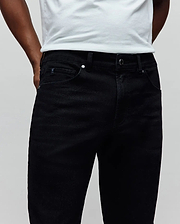 Mens Emerson Slim Fit Denim Pant in black denim, featuring a slim fit, small embroidered Psycho Bunny skull logo on the coin pocket, and silver branded hardware. (3)