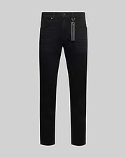 Black Mens Emerson Denim Pant, slim fit, classic five-pocket style, with a neon green Psycho Bunny branded tag on the belt loop, showcasing premium denim texture. (6)