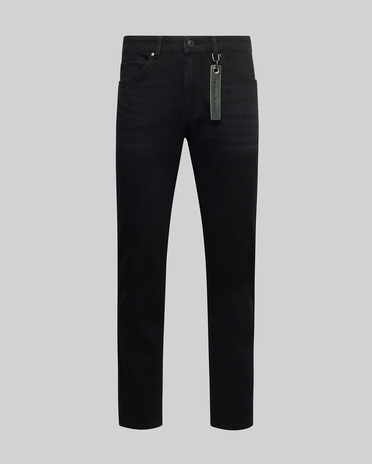 Black Mens Emerson Denim Pant, slim fit, classic five-pocket style, with a neon green Psycho Bunny branded tag on the belt loop, showcasing premium denim texture. (6)