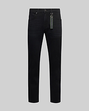 Black Mens Emerson Denim Pant, slim fit, classic five-pocket style, with a neon green Psycho Bunny branded tag on the belt loop, showcasing premium denim texture. (6)