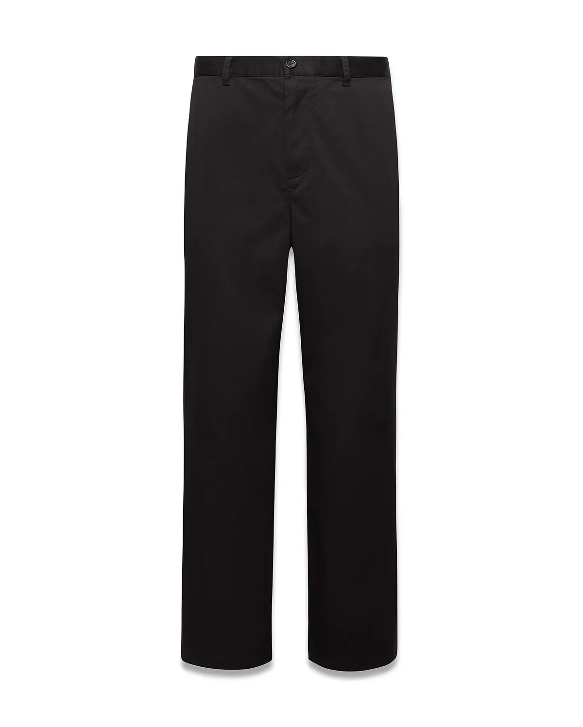 Mens Aidan Chino Pant, a classic straight fit in solid black smooth twill fabric, featuring a flat front, belt loops, and a concealed button and zip closure. (5)