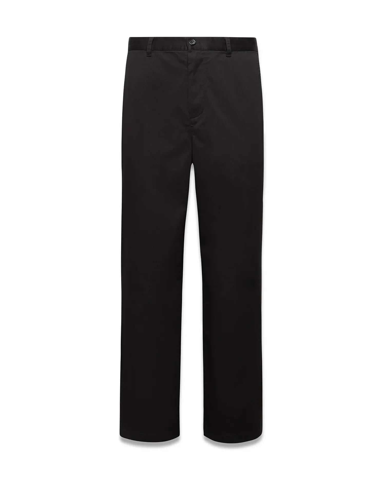 Mens Aidan Chino Pant, a classic straight fit in solid black smooth twill fabric, featuring a flat front, belt loops, and a concealed button and zip closure. (5)