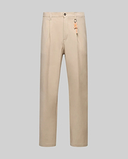 Beige Mens Malik Wide Leg Pant featuring a wide leg fit, subtle front pleats, smooth fabric, and an orange Psycho Bunny skull logo keychain attached to a belt loop. (5)