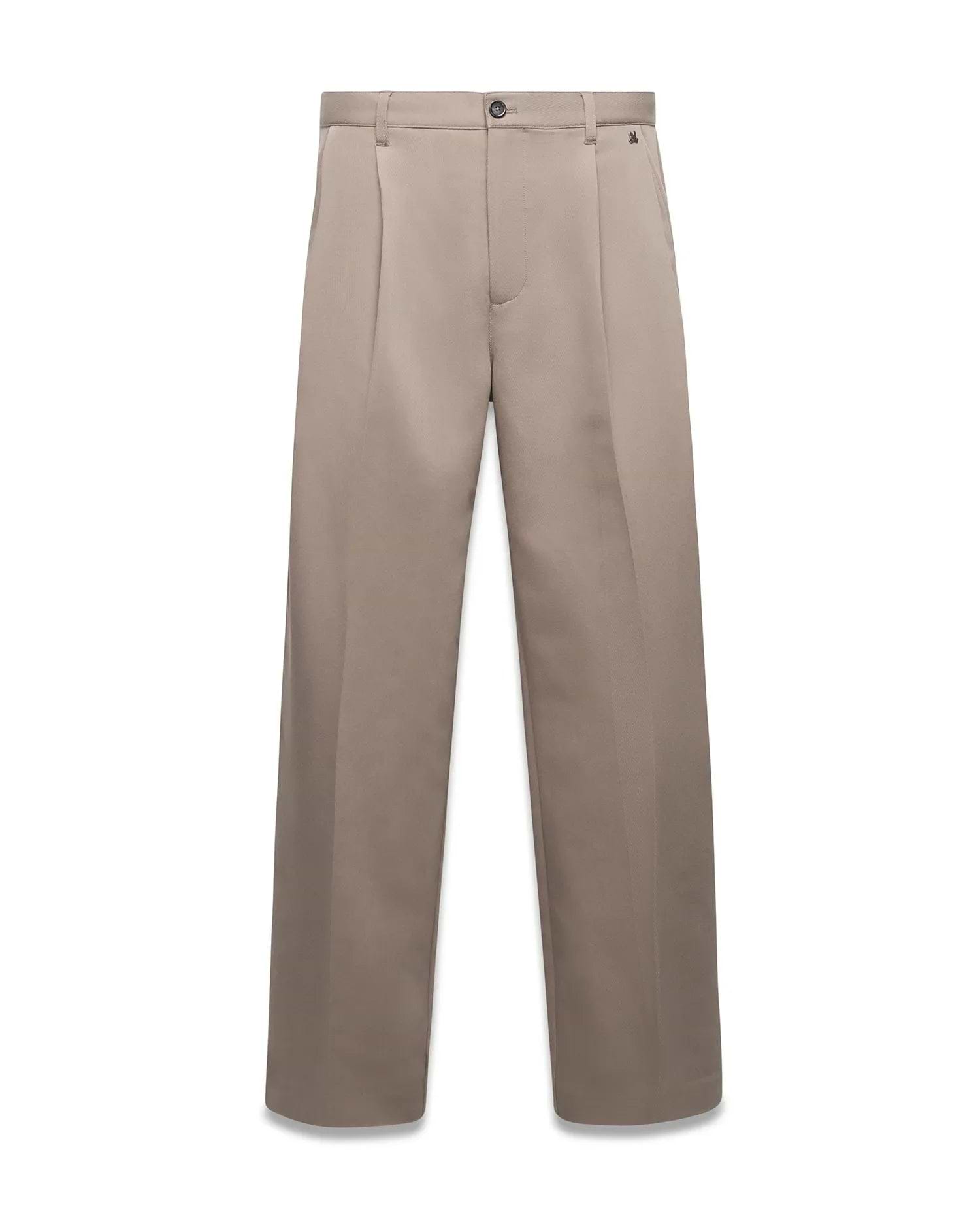 Men's Wayde Wide-Leg Pleated Pants in taupe, featuring a relaxed wide-leg fit, crisp front pleats, and a small embroidered Psycho Bunny skull logo on the right hip. (5)