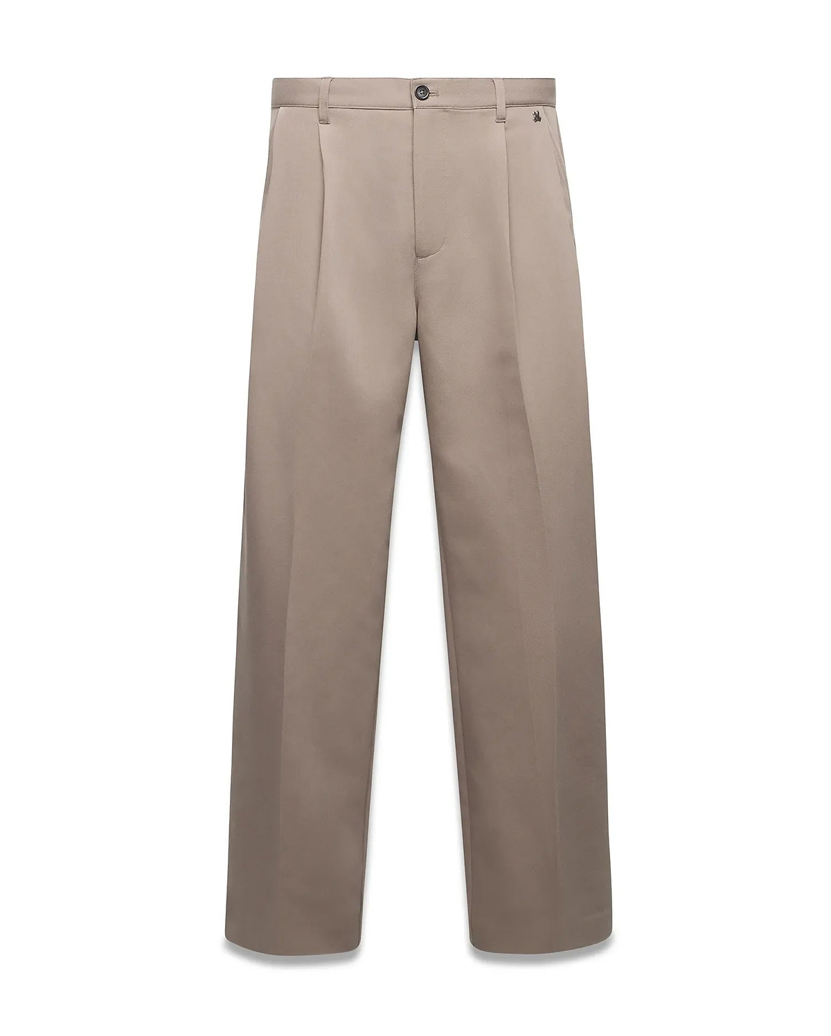 Men's Wayde Wide-Leg Pleated Pants in taupe, featuring a relaxed wide-leg fit, crisp front pleats, and a small embroidered Psycho Bunny skull logo on the right hip. (5)