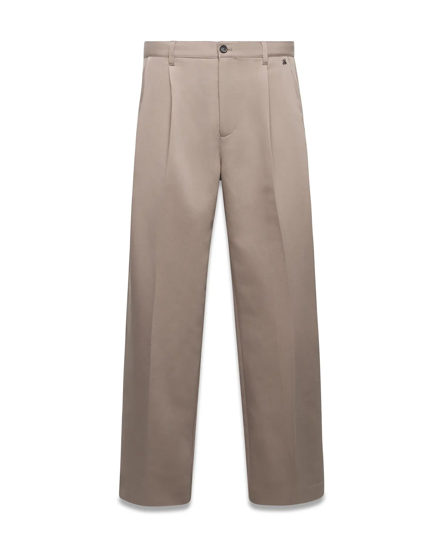 Men's Wayde Wide-Leg Pleated Pants in taupe, featuring a relaxed wide-leg fit, crisp front pleats, and a small embroidered Psycho Bunny skull logo on the right hip. (5)
