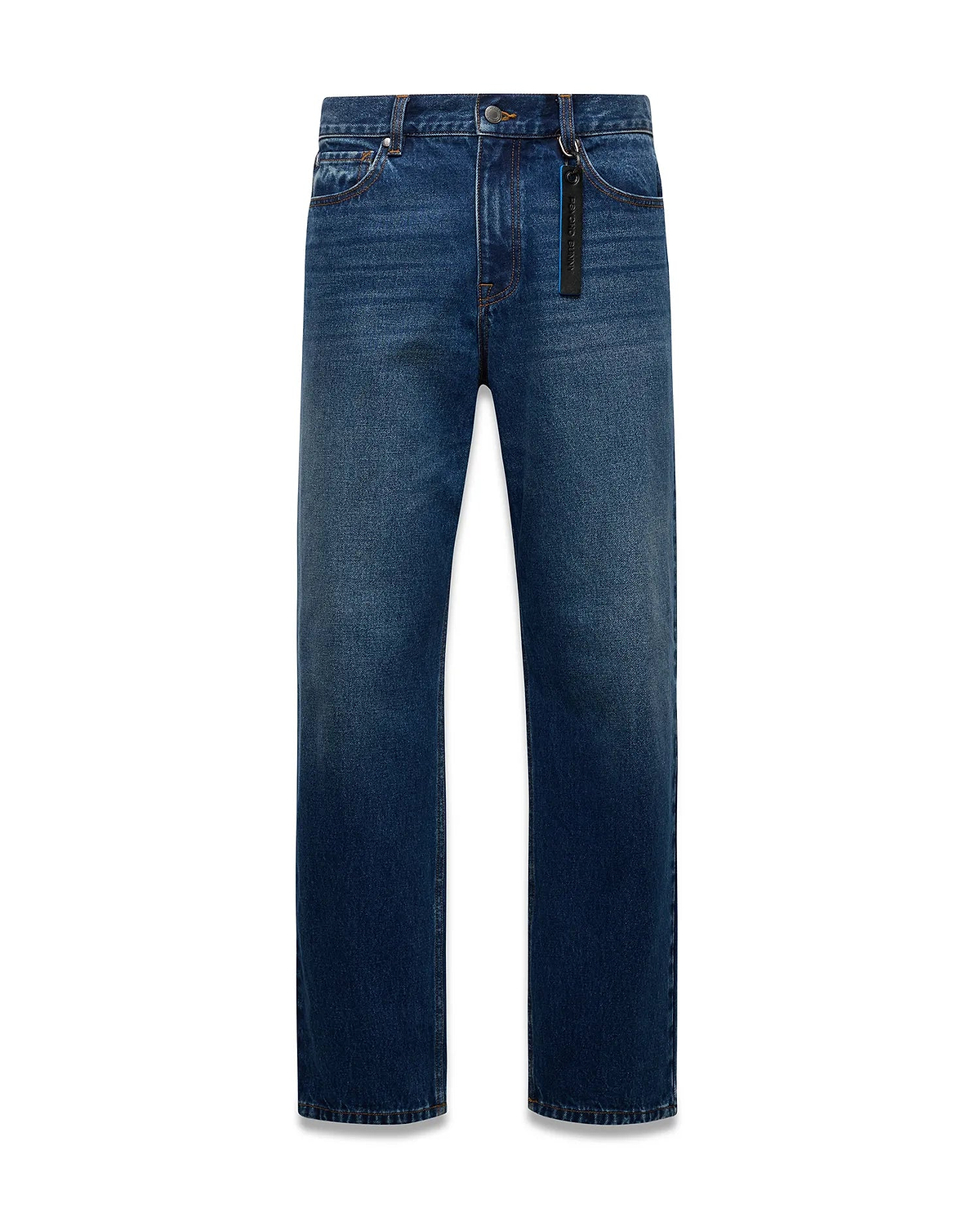 Mens Beck Denim Relaxed Pant in medium blue denim with a faded wash, orange contrast stitching, and a black Psycho Bunny branded tag with blue text on the front belt loop.