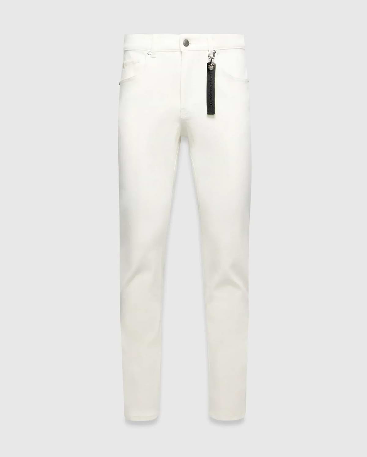Mens Emerson Denim Pant, white slim-fit denim with silver hardware and a black Psycho Bunny branded tag hanging from a front belt loop.