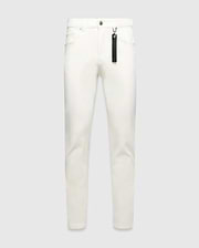 Mens Emerson Denim Pant, white slim-fit denim with silver hardware and a black Psycho Bunny branded tag hanging from a front belt loop.
