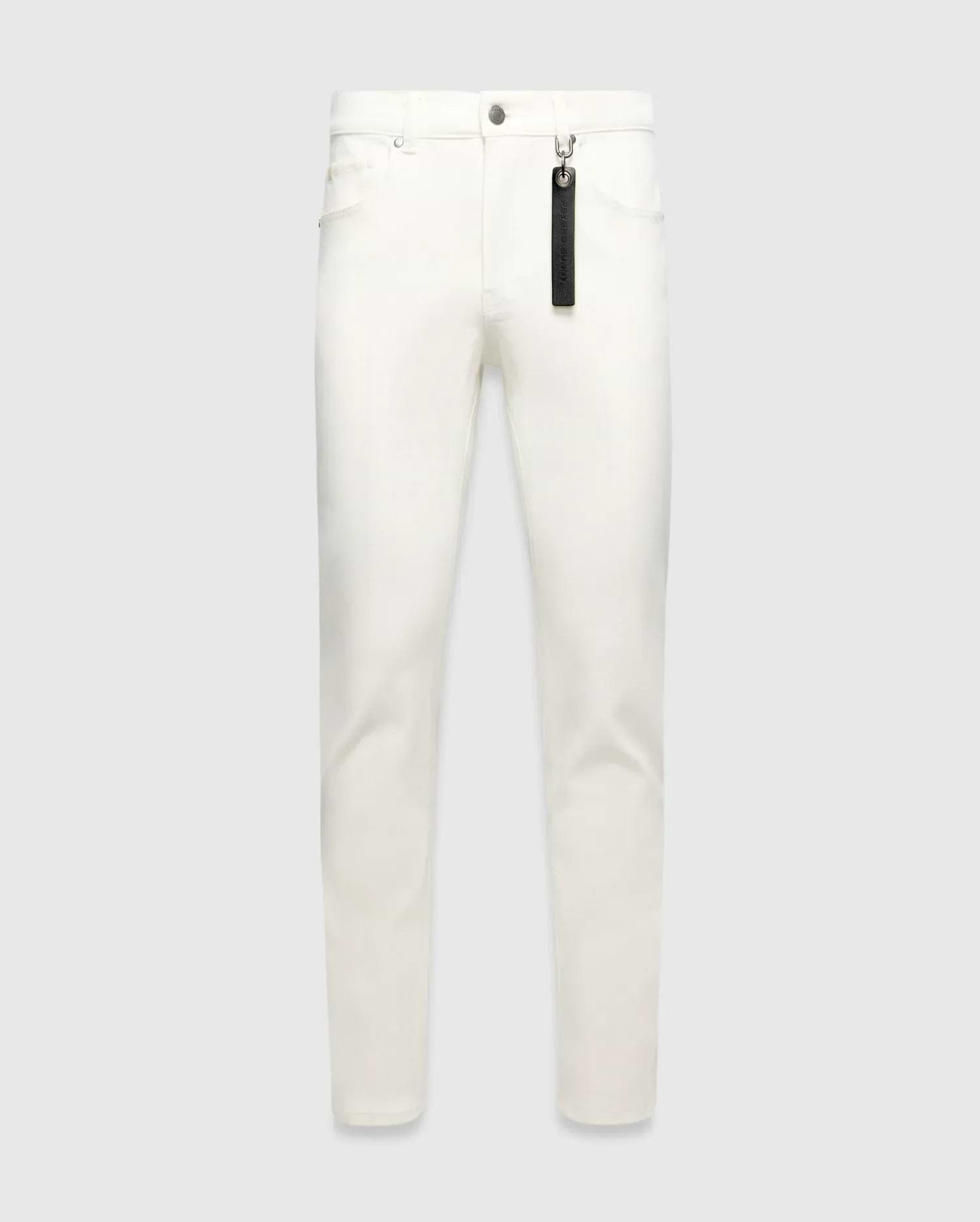 Mens Emerson Denim Pant, white slim-fit denim with silver hardware and a black Psycho Bunny branded tag hanging from a front belt loop.