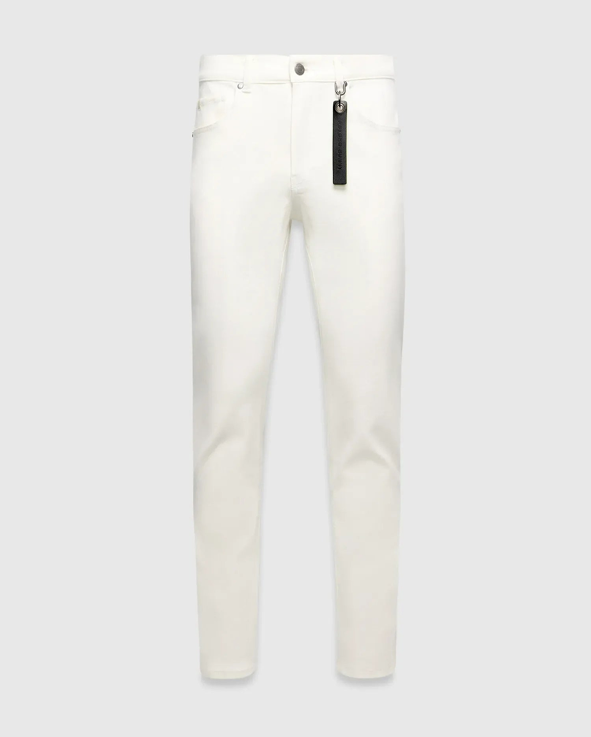 Mens Emerson Denim Pant, white slim-fit denim with silver hardware and a black Psycho Bunny branded tag hanging from a front belt loop.