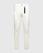 Mens Emerson Denim Pant, white slim-fit denim with silver hardware and a black Psycho Bunny branded tag hanging from a front belt loop.