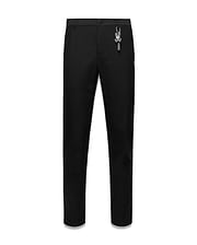 Black Mens Edward 10k Tapered Pant, slim fit, smooth fabric, featuring a subtle embroidered Psycho Bunny skull logo on the hip and a prominent grey Psycho Bunny keychain.