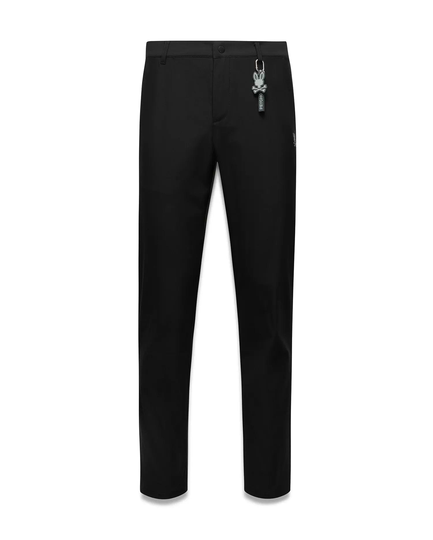 Black Mens Edward 10k Tapered Pant, slim fit, smooth fabric, featuring a subtle embroidered Psycho Bunny skull logo on the hip and a prominent grey Psycho Bunny keychain.