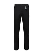 Black Mens Edward 10k Tapered Pant, slim fit, smooth fabric, featuring a subtle embroidered Psycho Bunny skull logo on the hip and a prominent grey Psycho Bunny keychain.