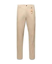 Mens Edward 10k Tapered Pant in beige, crafted from smooth performance fabric with a tapered fit, highlighted by a vibrant orange Psycho Bunny skull keychain on the front belt loop. (3)