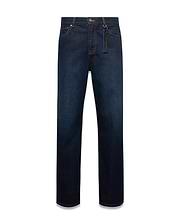 Men's Beck Oversized Denim Pants in dark indigo blue denim, featuring orange contrast stitching, a classic 5-pocket design, and a black and blue Psycho Bunny keychain on the belt loop. (5)