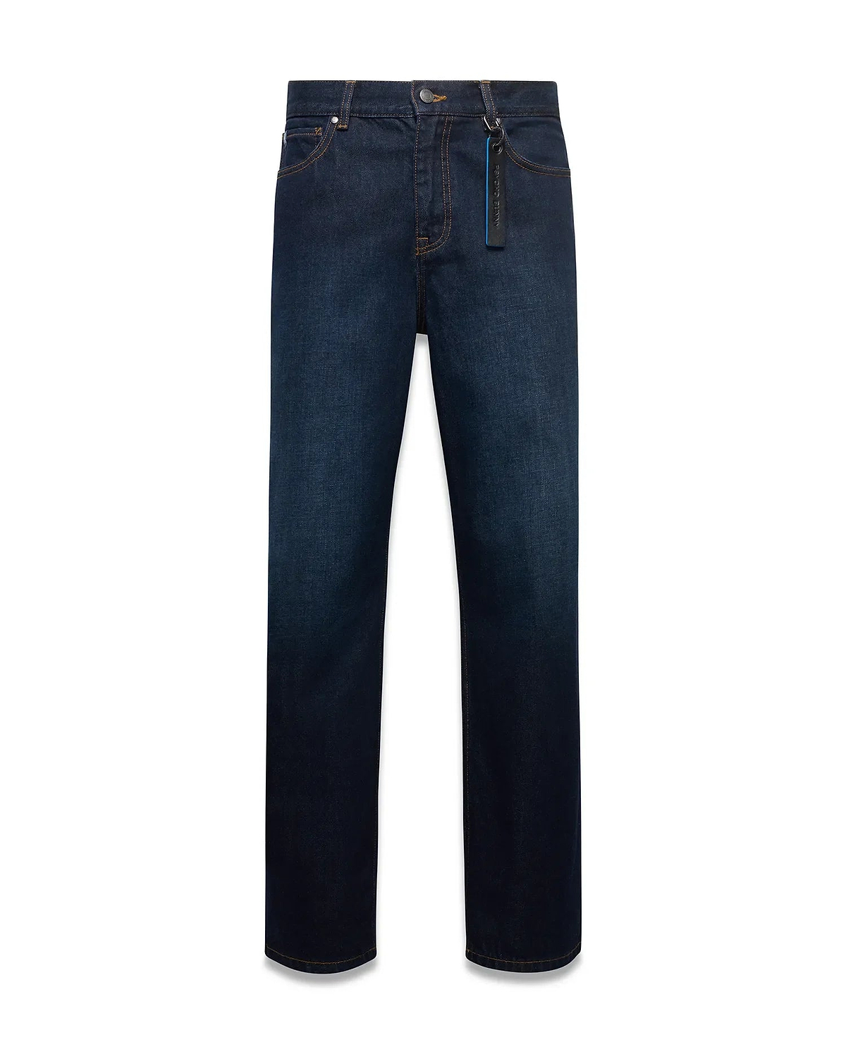 Men's Beck Oversized Denim Pants in dark indigo blue denim, featuring orange contrast stitching, a classic 5-pocket design, and a black and blue Psycho Bunny keychain on the belt loop. (5)