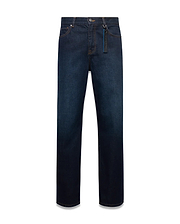 Men's Beck Oversized Denim Pants in dark indigo blue denim, featuring orange contrast stitching, a classic 5-pocket design, and a black and blue Psycho Bunny keychain on the belt loop. (5)