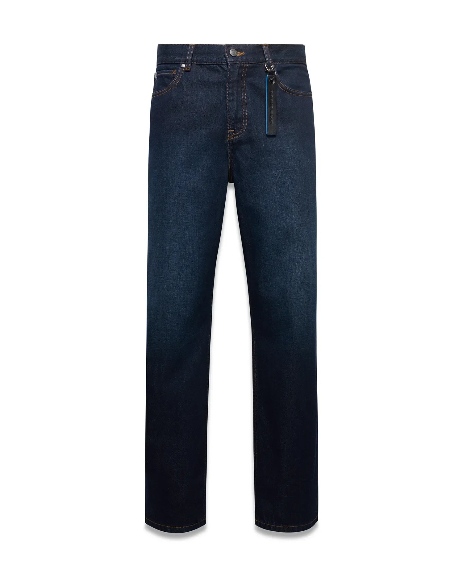 Men's Beck Oversized Denim Pants in dark indigo blue denim, featuring orange contrast stitching, a classic 5-pocket design, and a black and blue Psycho Bunny keychain on the belt loop. (5)