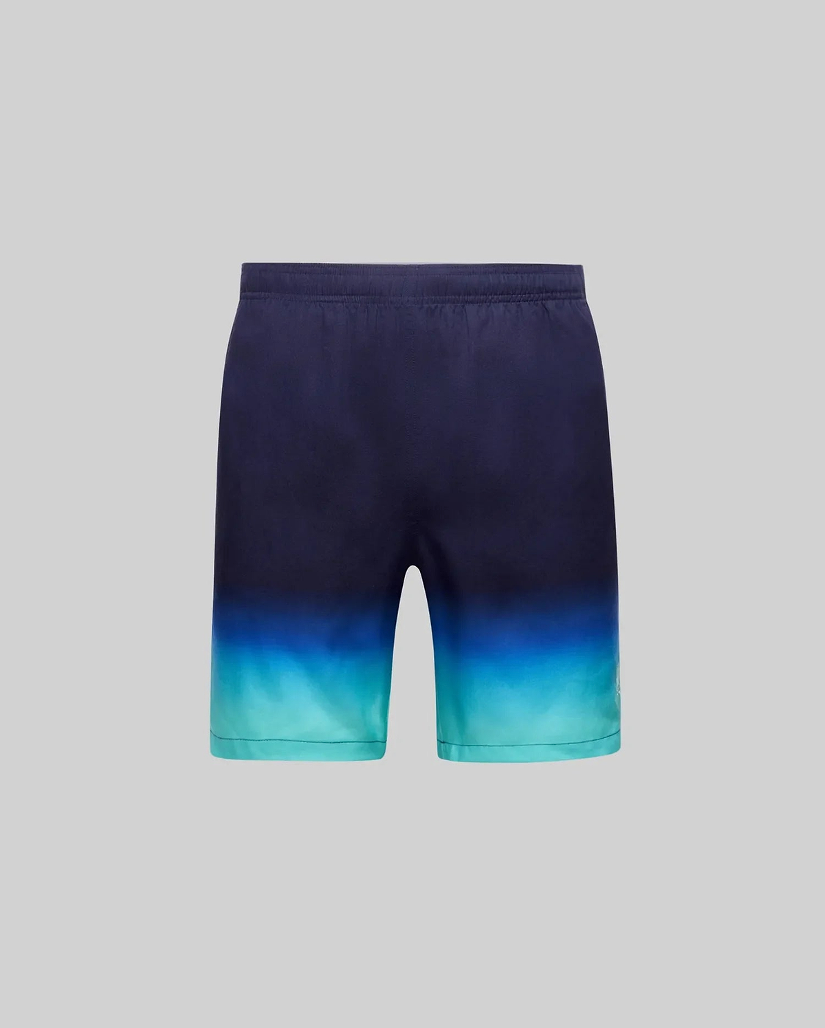 Mens Dax Tencel Short, relaxed fit with elastic waist, dark navy to bright blue and teal ombre gradient, smooth Tencel fabric, and small white Psycho Bunny skull logo on lower right leg.