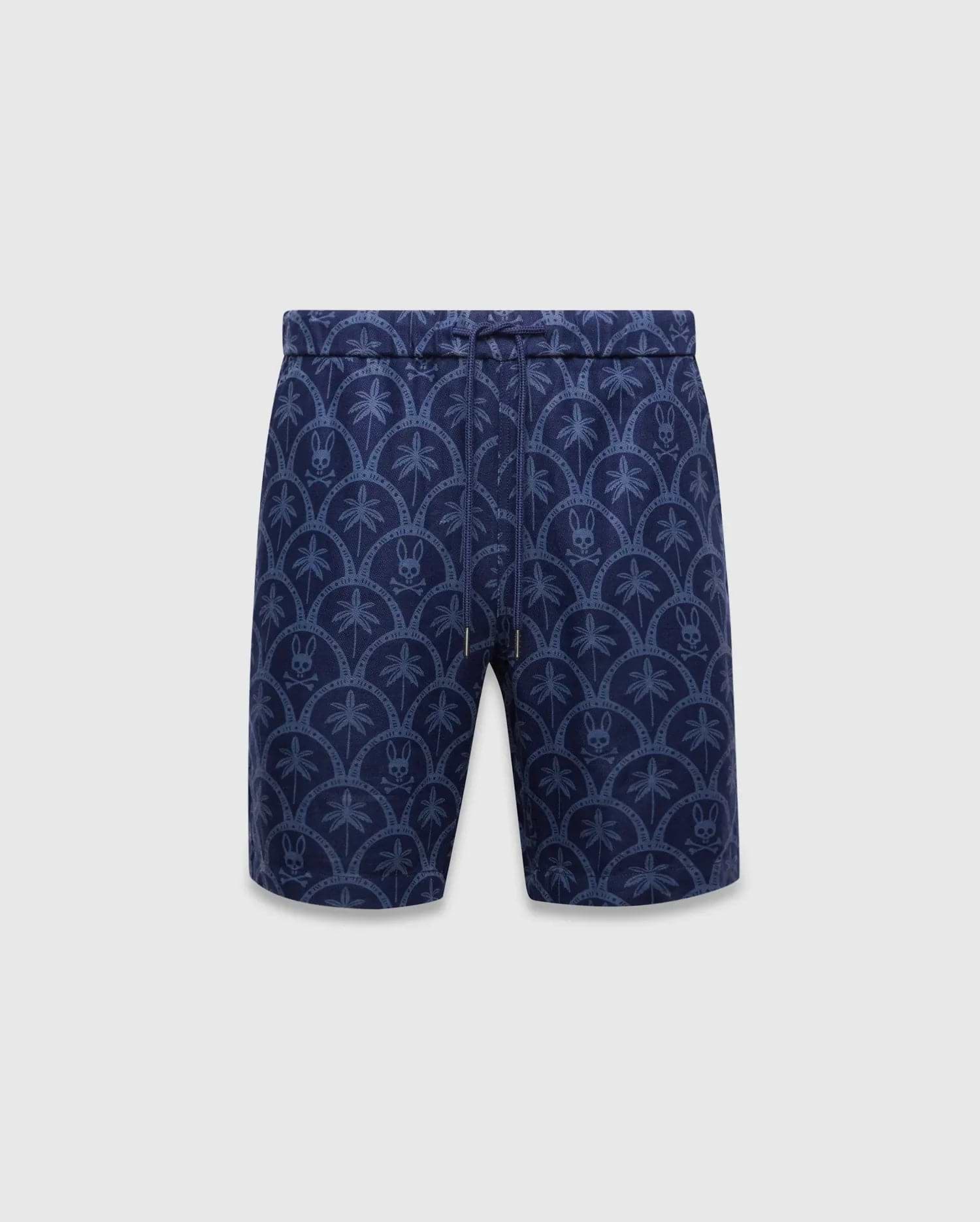 Mens Brad Linen Short 8 1/2, navy blue with a relaxed fit. Features an all-over lighter blue pattern of palm trees and the iconic Psycho Bunny skull logo within scalloped circles, with a drawstring waist. (5)