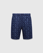 Mens Brad Linen Short 8 1/2, navy blue with a relaxed fit. Features an all-over lighter blue pattern of palm trees and the iconic Psycho Bunny skull logo within scalloped circles, with a drawstring waist. (5)