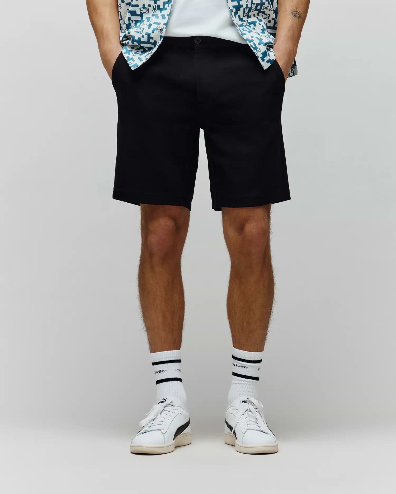 Black shiro twill short mb0700033, a classic fit short crafted from smooth, durable twill fabric, featuring a clean flat front, button closure, and practical side pockets for refined streetwear style. (1)