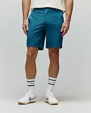 Mens Shiro Twill Short, a classic fit teal twill short with a subtle, tonal embroidered Psycho Bunny skull logo on the lower left leg. (1)