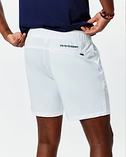 White Mens Blaze Sport Short, classic fit, smooth performance fabric, elastic waistband, side pockets, and a small dark embroidered Psycho Bunny text logo on the upper back right.