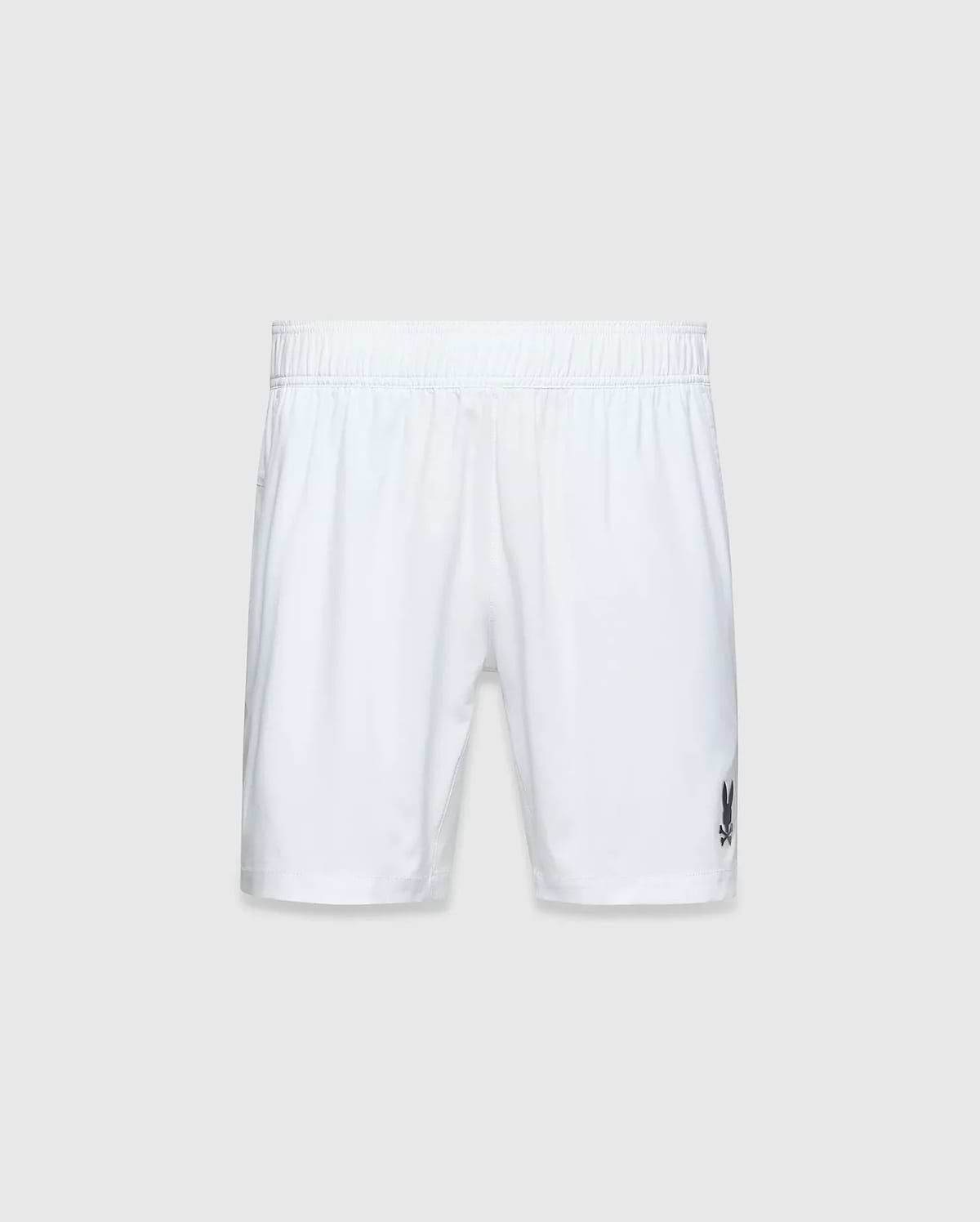 Mens Blaze Sport Short, white, relaxed fit, smooth performance fabric with an elastic waistband and a small dark grey embroidered Psycho Bunny skull logo on the lower left leg.