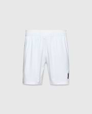 Mens Blaze Sport Short, white, relaxed fit, smooth performance fabric with an elastic waistband and a small dark grey embroidered Psycho Bunny skull logo on the lower left leg.