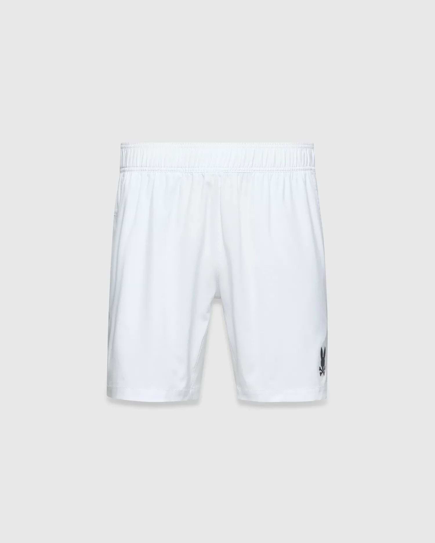 Mens Blaze Sport Short, white, relaxed fit, smooth performance fabric with an elastic waistband and a small dark grey embroidered Psycho Bunny skull logo on the lower left leg.