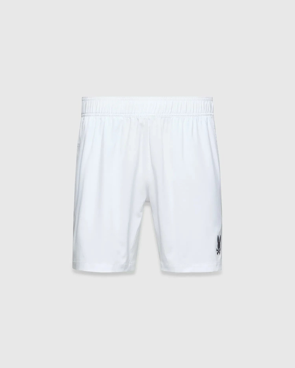 Mens Blaze Sport Short, white, relaxed fit, smooth performance fabric with an elastic waistband and a small dark grey embroidered Psycho Bunny skull logo on the lower left leg.