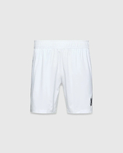 Mens Blaze Sport Short, white, relaxed fit, smooth performance fabric with an elastic waistband and a small dark grey embroidered Psycho Bunny skull logo on the lower left leg.