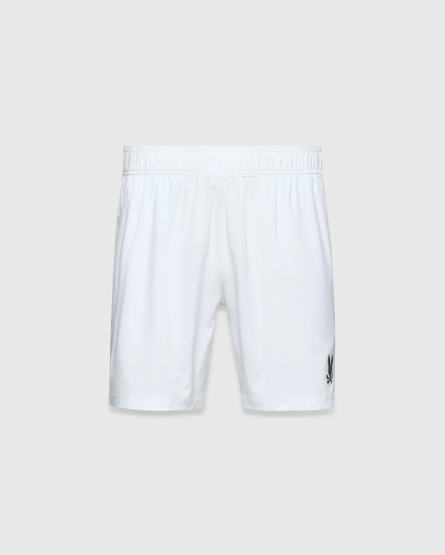 Mens Blaze Sport Short, white, relaxed fit, smooth performance fabric with an elastic waistband and a small dark grey embroidered Psycho Bunny skull logo on the lower left leg.
