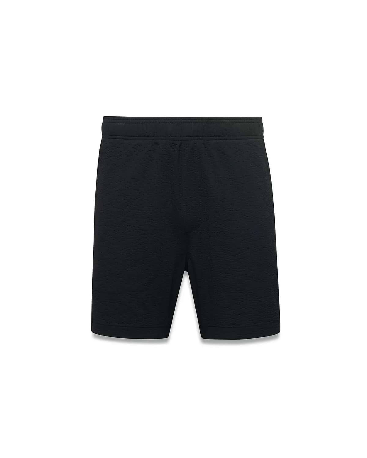 Black Mens Arlen Seersucker Short, a comfortable, relaxed fit short crafted from premium black seersucker fabric with a subtle puckered texture, featuring an elastic waistband.