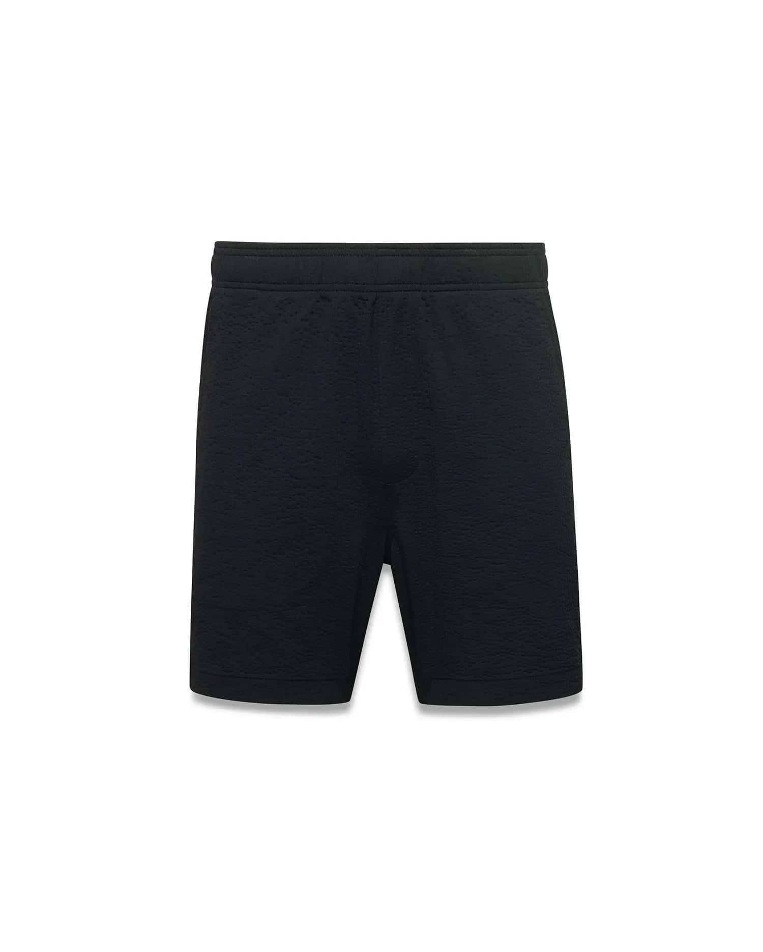 Black Mens Arlen Seersucker Short, a comfortable, relaxed fit short crafted from premium black seersucker fabric with a subtle puckered texture, featuring an elastic waistband.