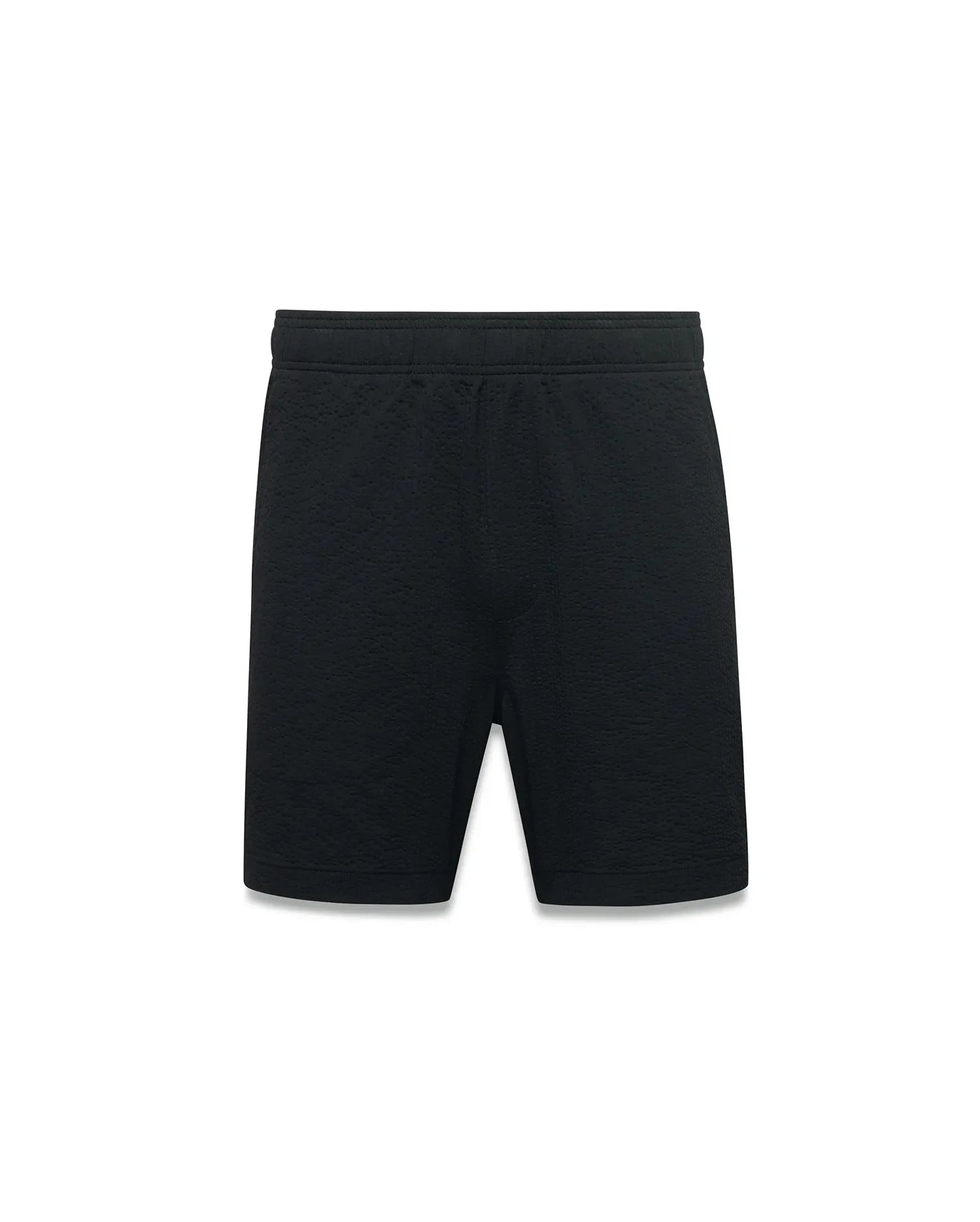 Black Mens Arlen Seersucker Short, a comfortable, relaxed fit short crafted from premium black seersucker fabric with a subtle puckered texture, featuring an elastic waistband.