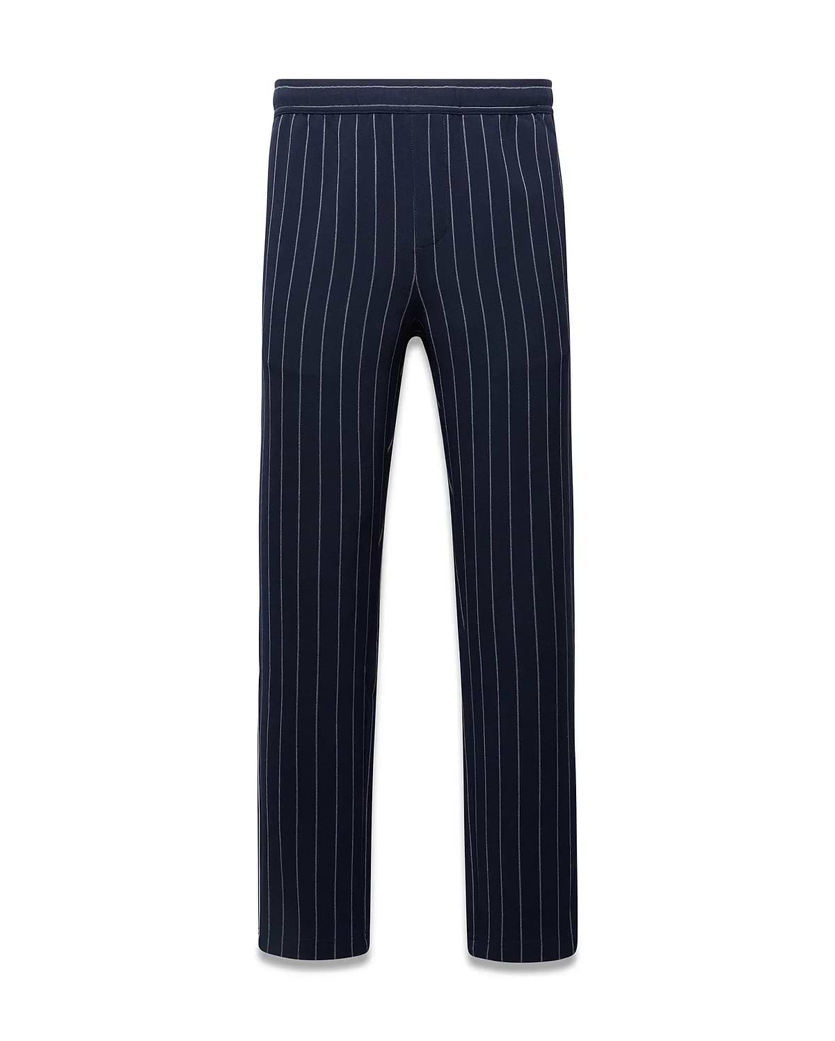 Mens Harland Double Weave Chalk Stripe Track Pant in navy with fine white vertical chalk stripes and a relaxed fit, featuring an elastic waistband. (5)