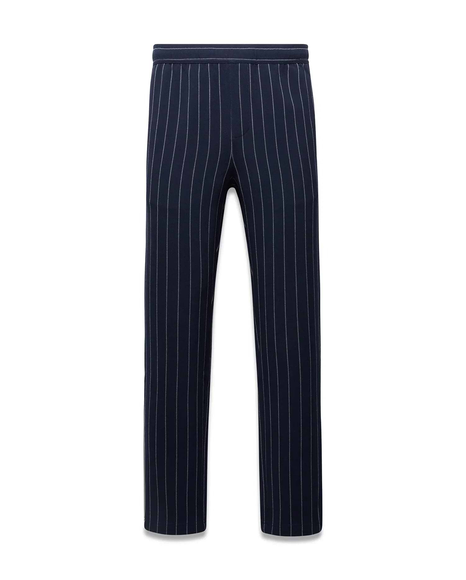 Mens Harland Double Weave Chalk Stripe Track Pant in navy with fine white vertical chalk stripes and a relaxed fit, featuring an elastic waistband. (5)