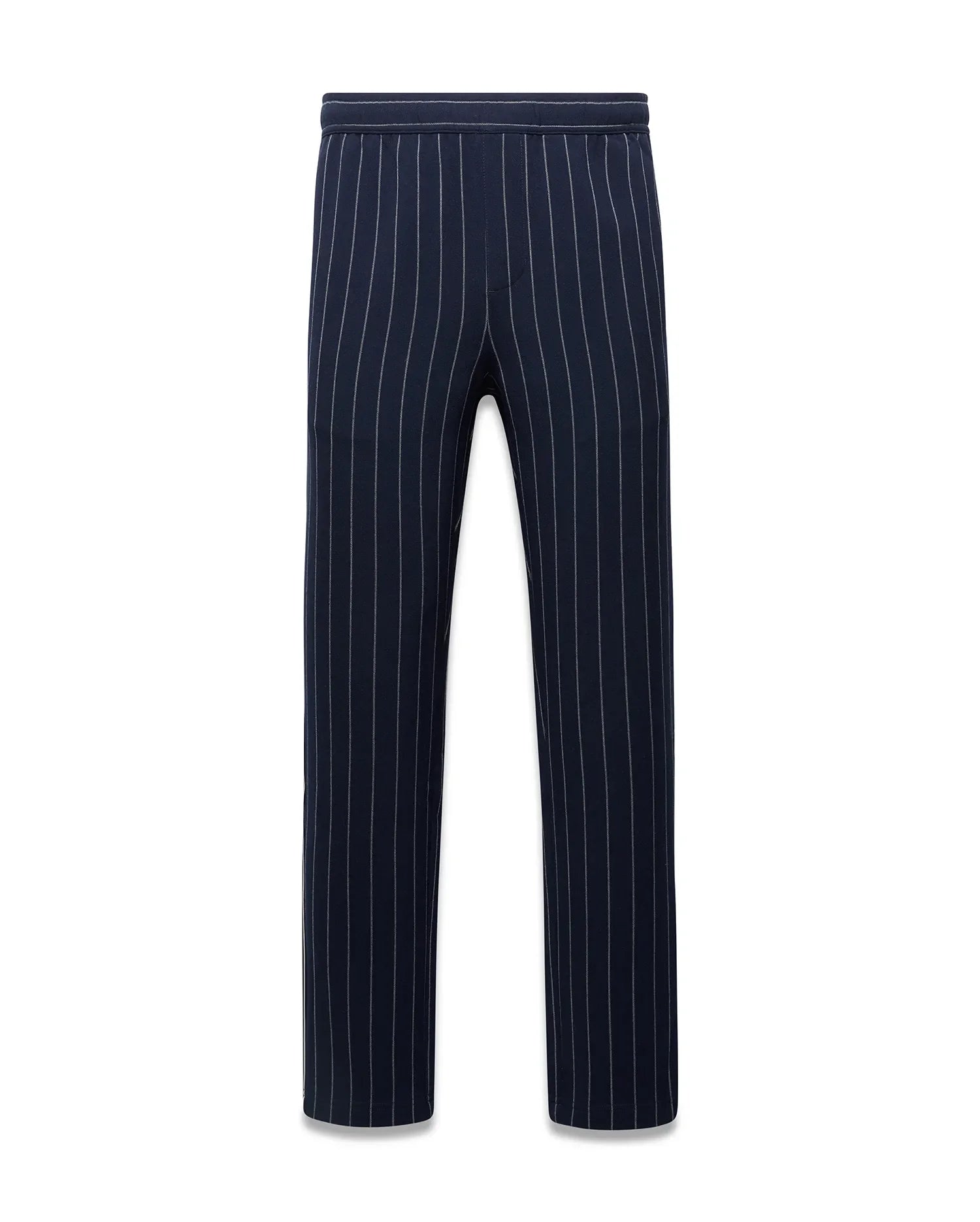 Mens Harland Double Weave Chalk Stripe Track Pant in navy with fine white vertical chalk stripes and a relaxed fit, featuring an elastic waistband. (5)