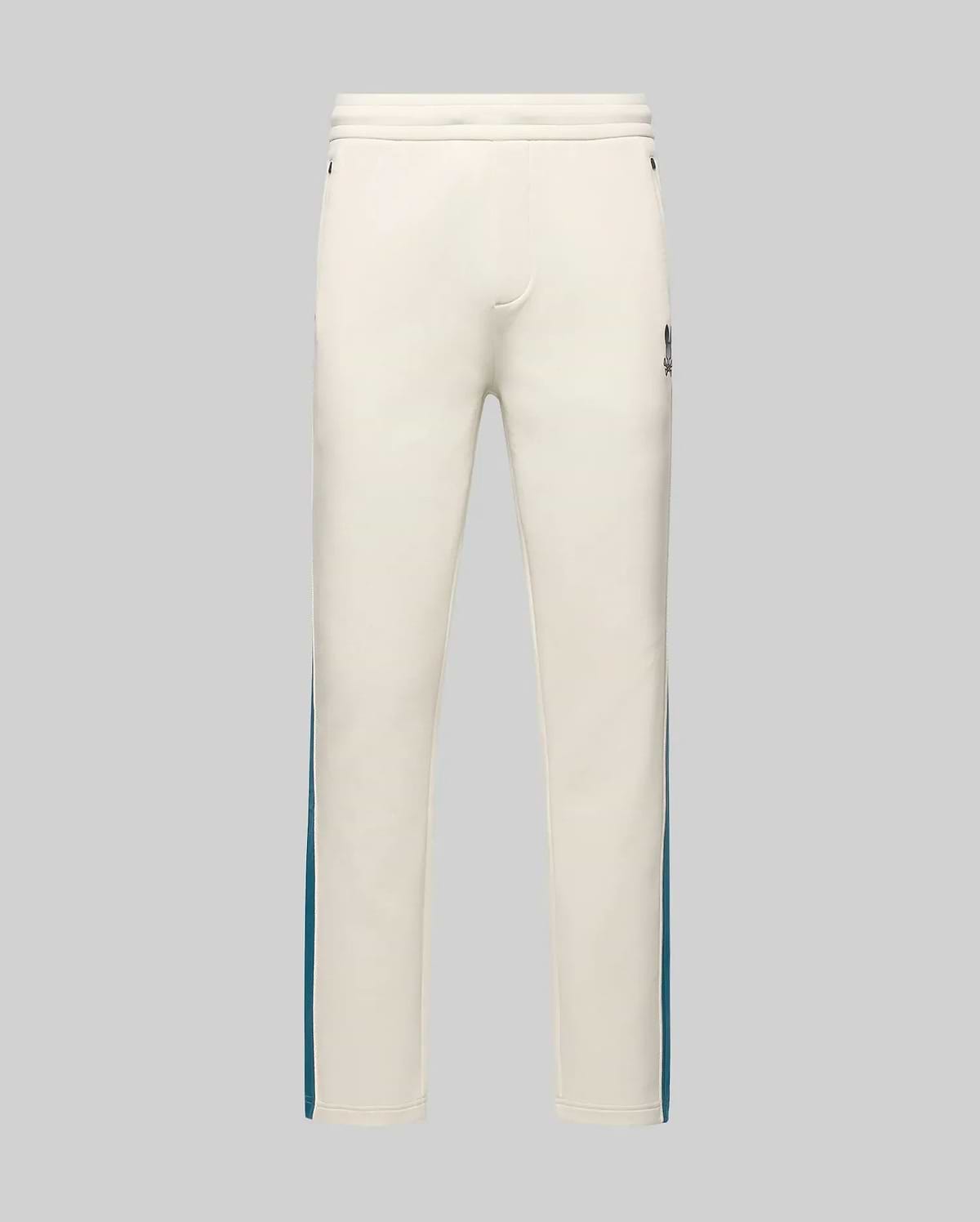 Mens Caspian Track Pant in cream smooth jersey, featuring a relaxed fit, teal side stripes, and a small embroidered Psycho Bunny skull logo on the upper right thigh. (5)