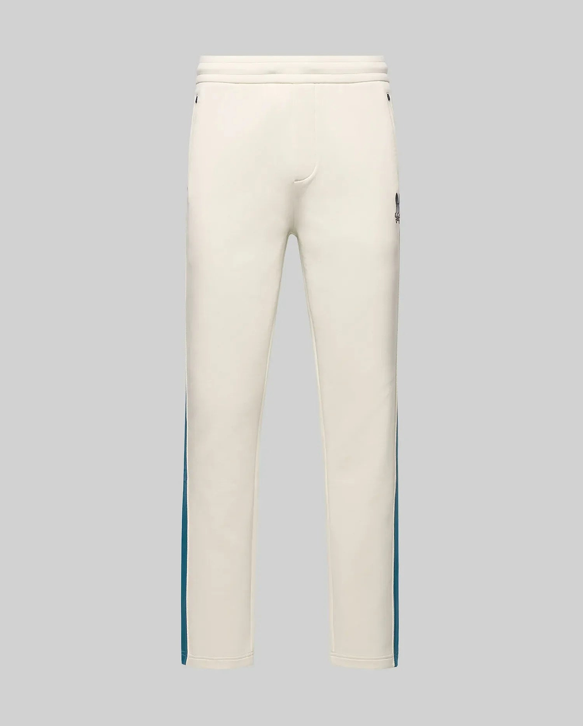 Mens Caspian Track Pant in cream smooth jersey, featuring a relaxed fit, teal side stripes, and a small embroidered Psycho Bunny skull logo on the upper right thigh. (5)