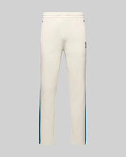 Mens Caspian Track Pant in cream smooth jersey, featuring a relaxed fit, teal side stripes, and a small embroidered Psycho Bunny skull logo on the upper right thigh. (5)
