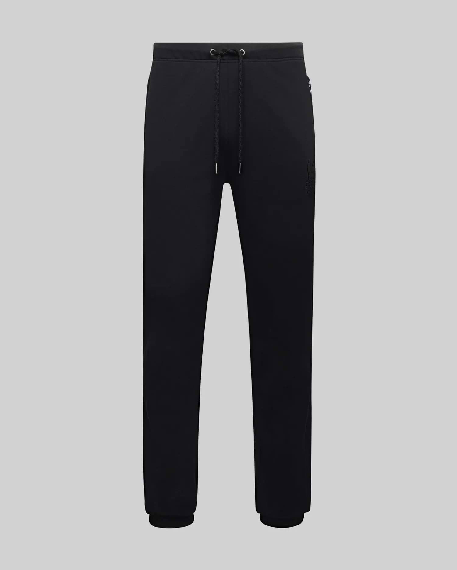 Mens Barry Joggers, black relaxed fit smooth jersey knit with drawstring waist, ribbed cuffs, and a tonal embroidered Psycho Bunny skull logo on the upper right thigh.